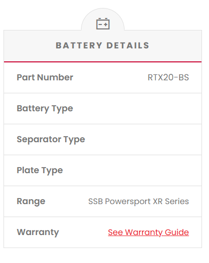 RTX20-BS SSB XR Series Motorcycle Battery