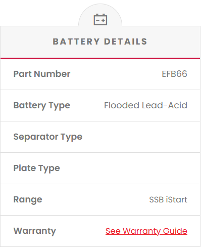 EFB66 Battery details screen with part number, battery type, separator type, plate type, range, and warranty information.