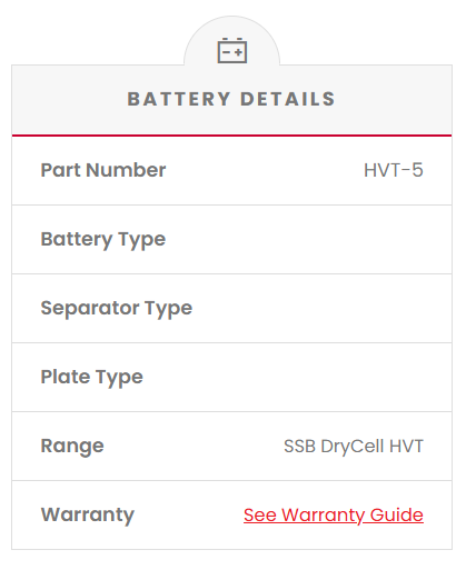 Battery details section with part number HVT-5 and other specifications on a white background