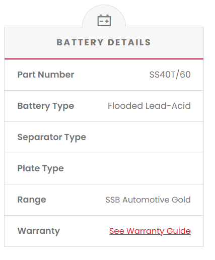 SS40T/60 Car battery Battery details including part number, battery type, separator type, plate type, range, and warranty information.
