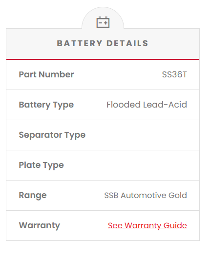 SS36T Battery details table with part number, battery type, separator type, plate type, range, and warranty information.