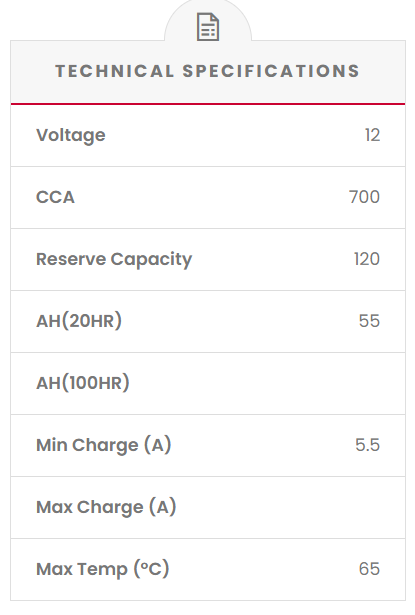 SS55D23L Technical specifications table for a battery with voltage, CCA, reserve capacity, and other parameters listed.