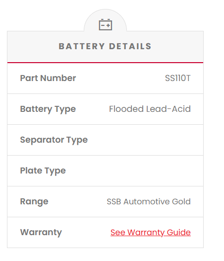 SS110T Car Battery (DIN110LH) Battery details table with part number, battery type, separator type, plate type, range, and warranty information.