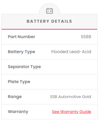 Battery details page with part number SS88 and battery type Flooded Lead-Acid.