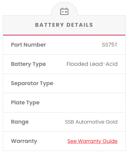 SS75T Car battery Battery details including part number, battery type, separator type, plate type, range, and warranty information.