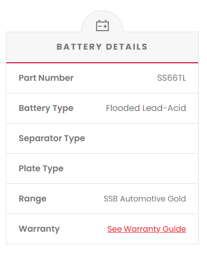 SS66TL Battery details screen with part number, battery type, and other specifications.