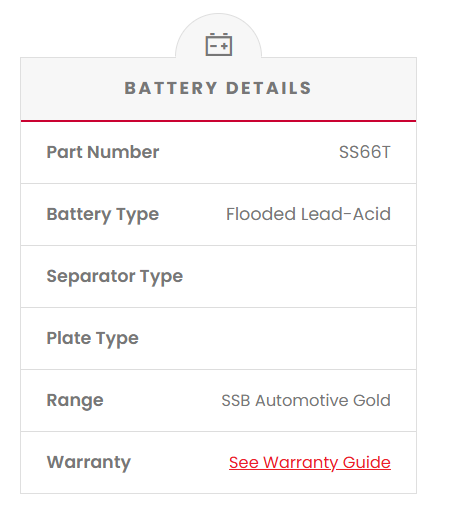 SS66T SSB Battery Battery details including part number, battery type, separator type, plate type, range, and warranty information.