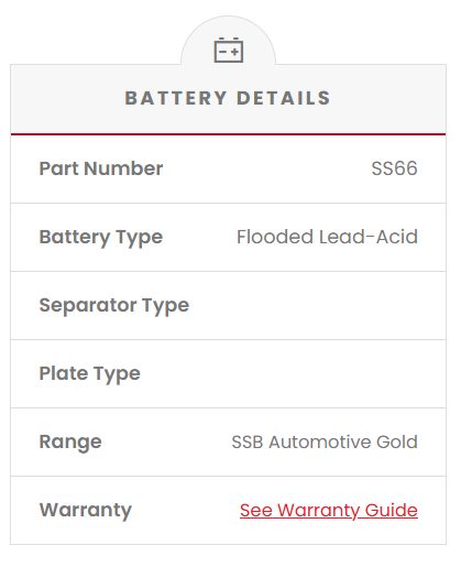 SSB SS66 battery Battery details table with part number, battery type, separator type, plate type, range, and warranty information.