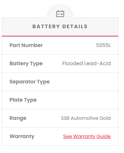 SS55L SSB Gold MF Car Battery (NS55L) Battery details table with part number, battery type, separator type, plate type, range, and warranty information.