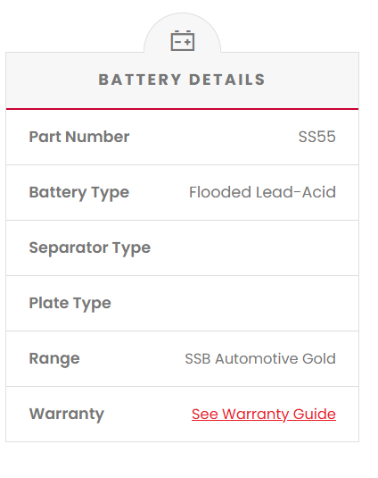 SS55 SSB Gold MF Car Battery (NS55) Battery details screen with part number, battery type, and other specifications.