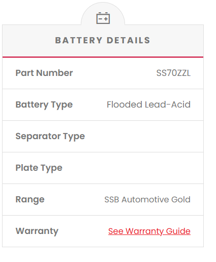 SS70ZZL Battery details screen with part number, battery type, and other specifications.