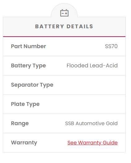 SS70 battery Battery details page with part number, battery type, separator type, plate type, range, and warranty information.