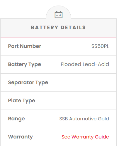 Batteries Sunshine Coast SS50PL Battery details screen with part number, battery type, separator type, plate type, range, and warranty information.