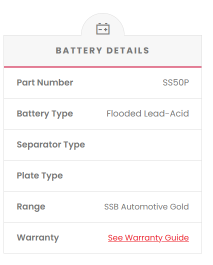 SS50P SSB Automotive Gold car battery Battery details screen with part number, battery type, and other specifications.
