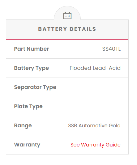 SS40TL SSB Gold MF Car Battery (NS40ZL) Battery details table with part number, battery type, separator type, plate type, range, and warranty information.