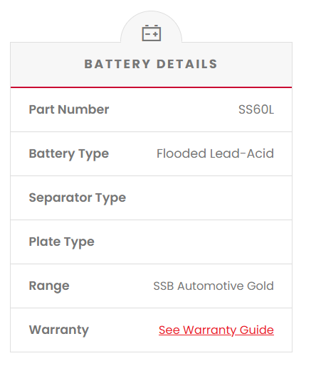 SS60L Battery details including part number, battery type, separator type, plate type, range, and warranty information on a white background.