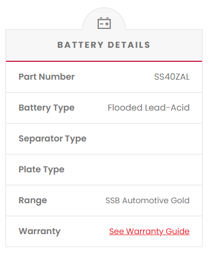 SS40ZAL Battery details including part number, battery type, separator type, plate type, range, and warranty information.