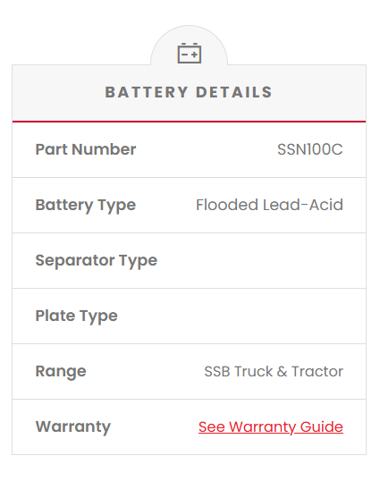 SSN100C SSB Commercial Truck & Bus Battery (N100C) Battery details page with part number, battery type, separator type, plate type, range, and warranty information.