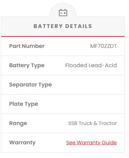 MF70ZZDT SSB Commercial Truck & Bus Battery (N70ZZDT) Battery details page with part number, battery type, separator type, plate type, range, and warranty information.