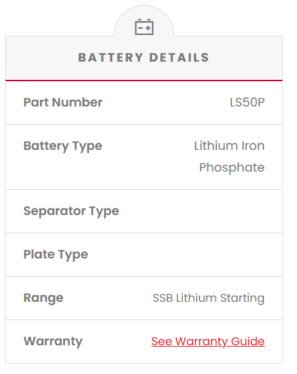 LS50P SSB Lithium Starting Car Battery (Group 50)