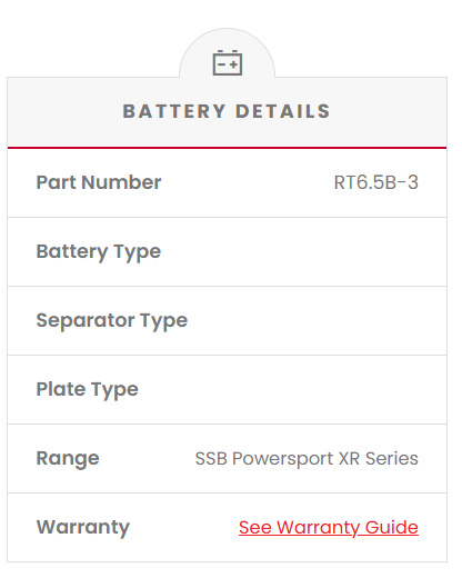 RT6.5B-3 SSB XR Series Motorcycle Battery