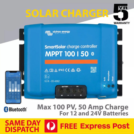 solar charger with Victron Energy branding on a gray background