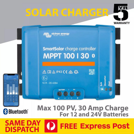 Victron Blue solar charge controller with smartphone app and promotional text on a white background