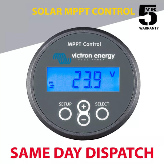 Victron Energy solar MPPT control panel with digital display on a gray background