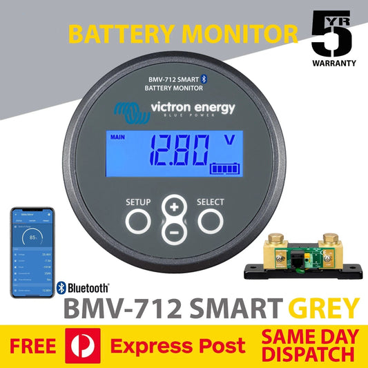 Battery monitor with digital display and Victron Energy branding, featuring Victron logo and warranty information.
