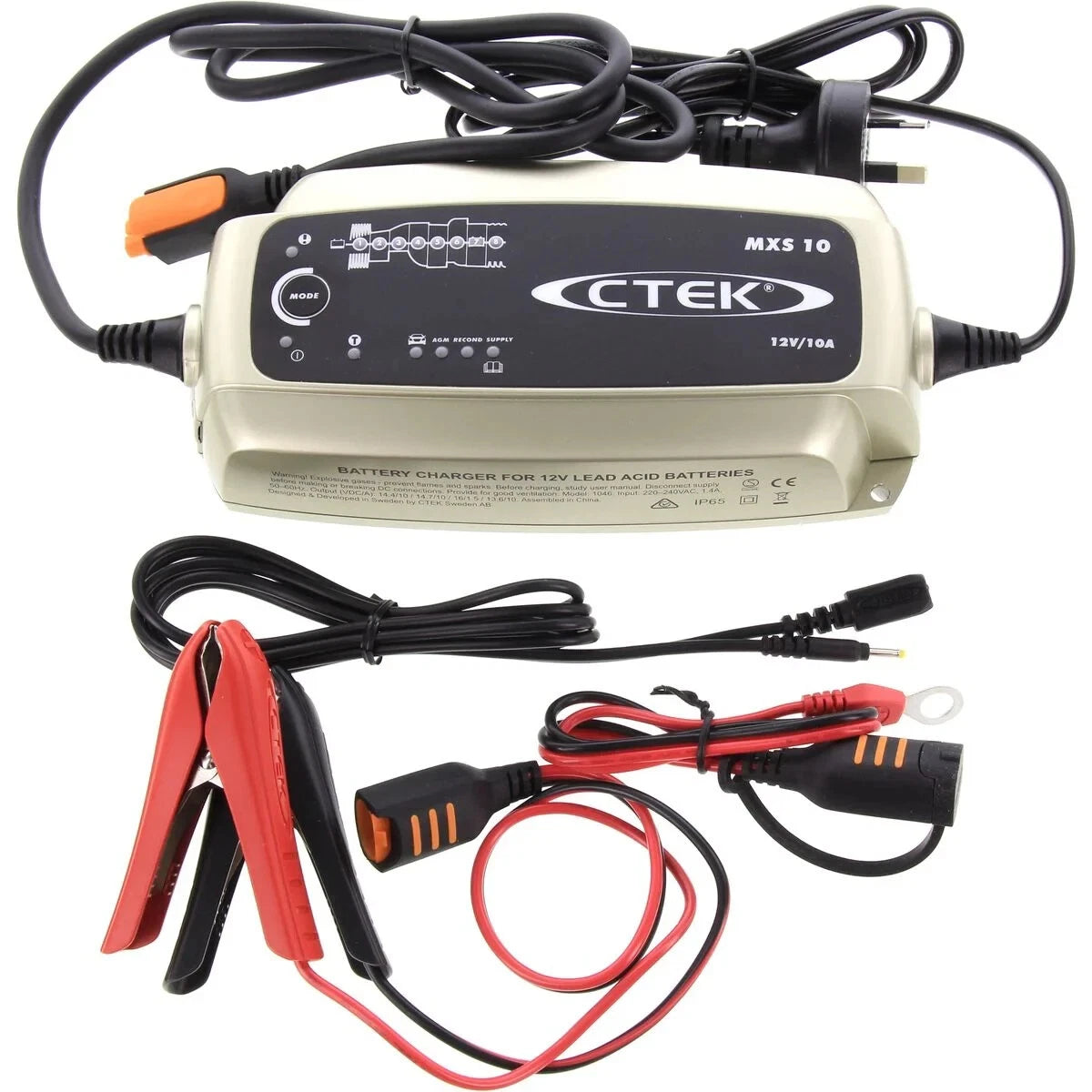 CTEK MXS10 12V Battery Charger 10 AMP MULTI MXS CTEK battery charger with cables and clamps on a white background