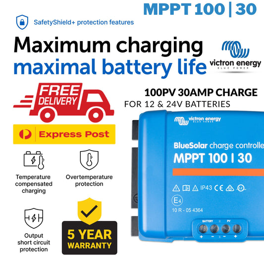 Victron MPPT 100/30 charge controller with safety features and Victron Energy branding.