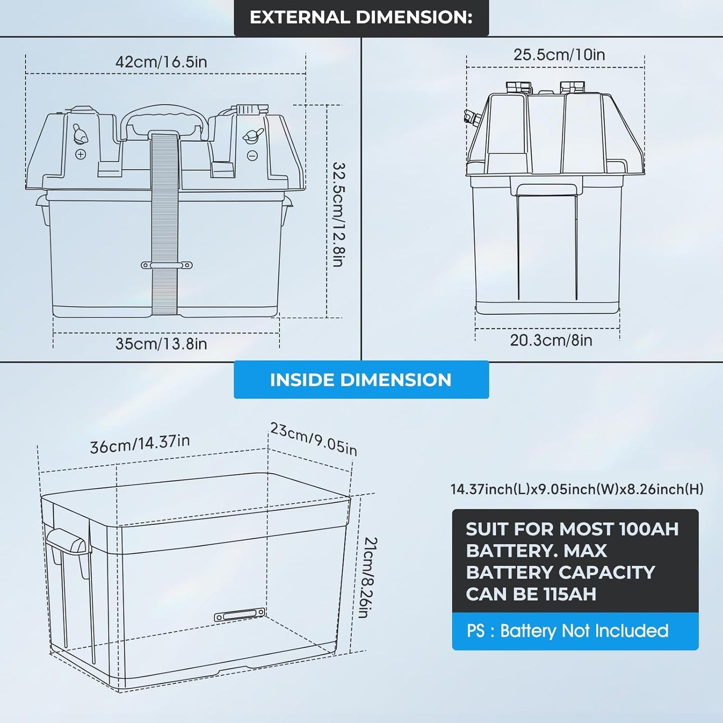 12V Portable Battery Box - Compatible with all Battery Types