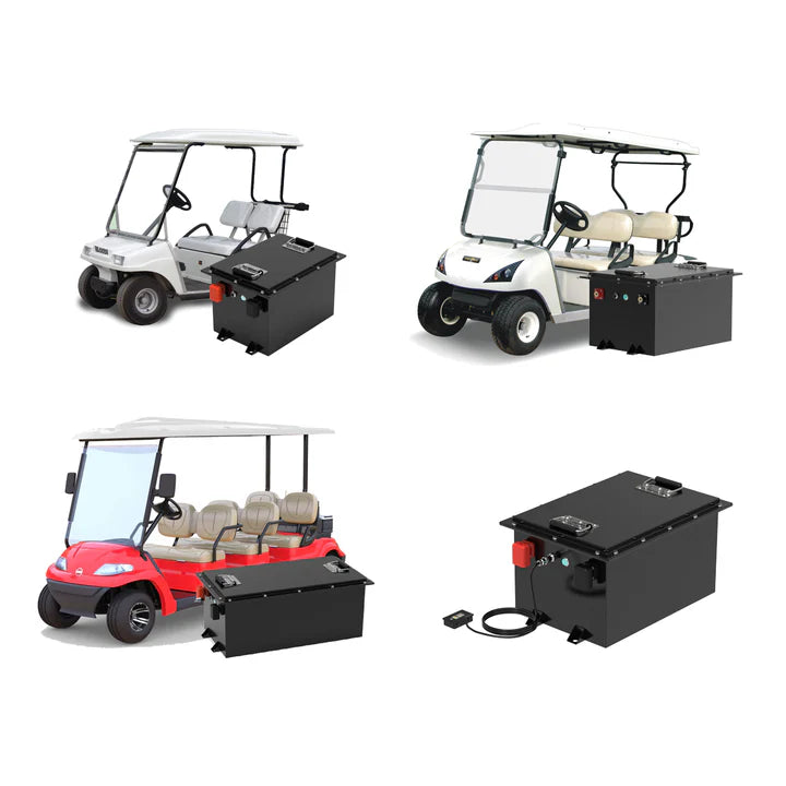 Suncoast Golf Cart Battery Premium 36V 105Ah LiFePO₄ Golf Cart Battery Four golf carts with battery boxes on a white background