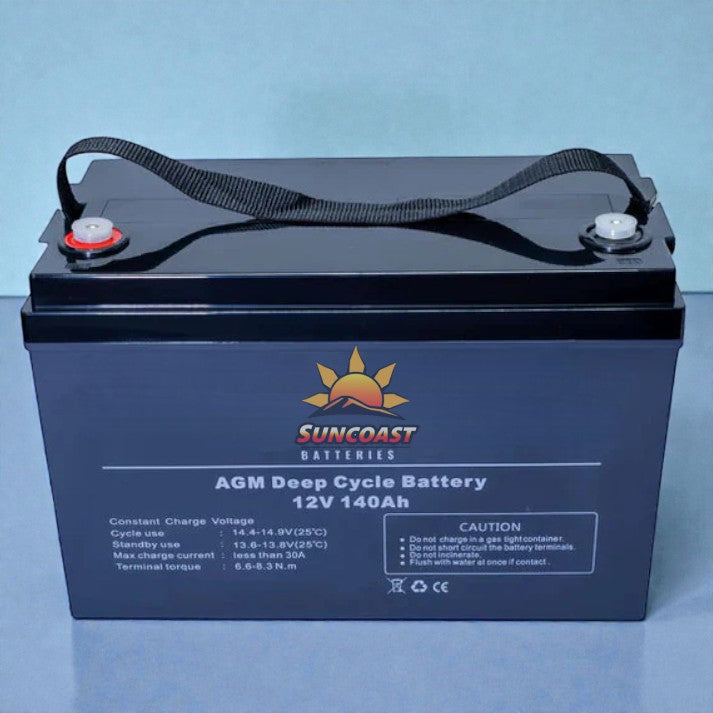 140AH AGM Deep Cycle Battery Suncoast AGM deep cycle battery on a light blue background