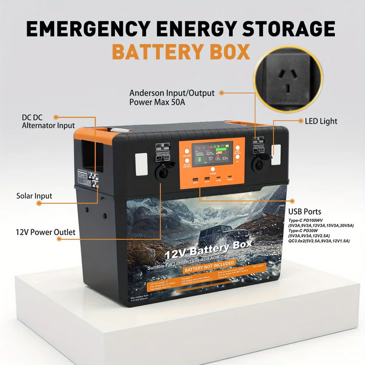 Heavy Duty Battery Box with 1500W Inverter Battery for 12V/24V Portable Power