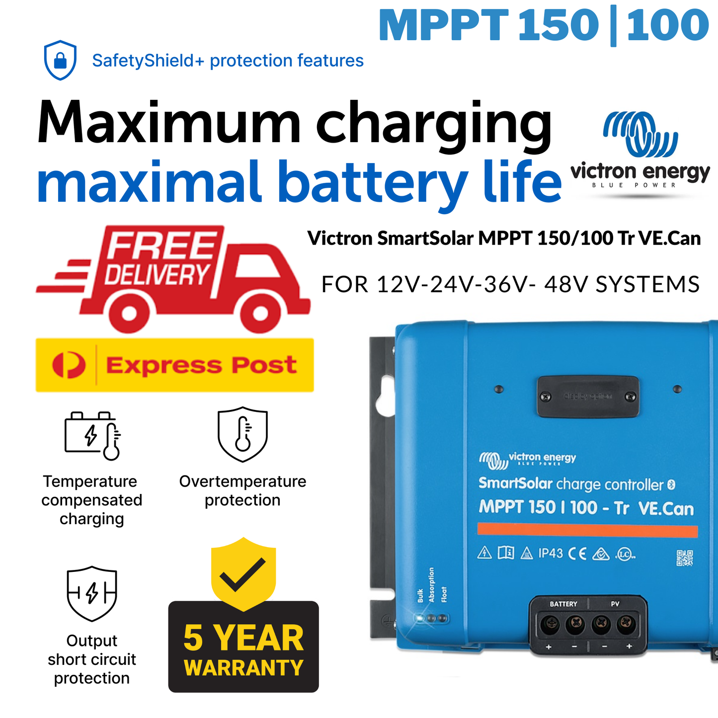 Victron Smart Solar MPPT 150/100 TR VE.Can Solar Charger - Express Post