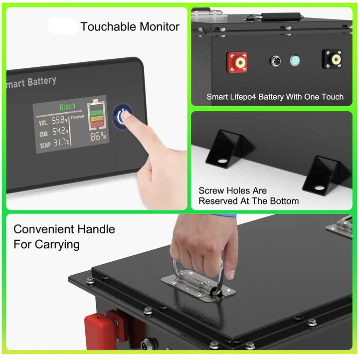 Suncoast Golf Cart Battery Premium 36V 105Ah LiFePO₄ Golf Cart Battery of a color touchable monitor, smart battery with screw holes, and convenient handle for carrying.