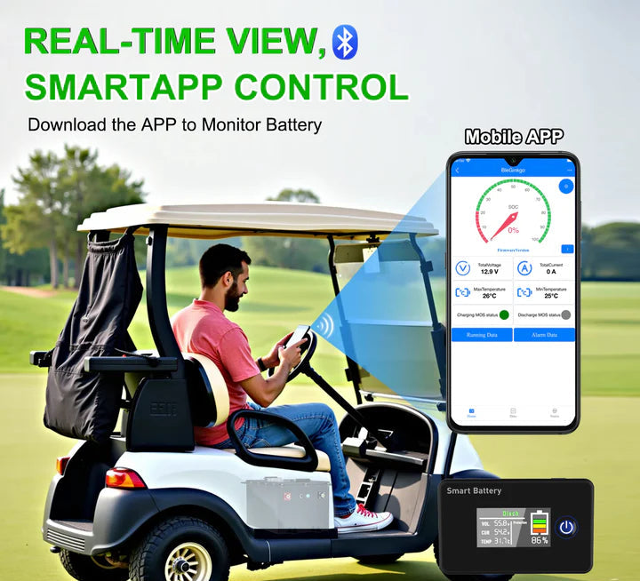 Suncoast Golf Cart Battery Premium 36V 105Ah LiFePO₄ Golf Cart Battery Golf cart with smartphone app interface showing battery monitoring on a golf course.