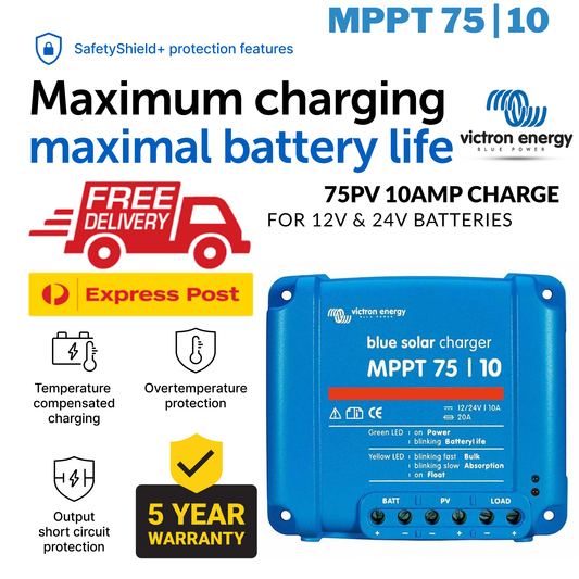 MPPT 75/10 Victron solar charger with Victron Energy branding and features listed on a white background