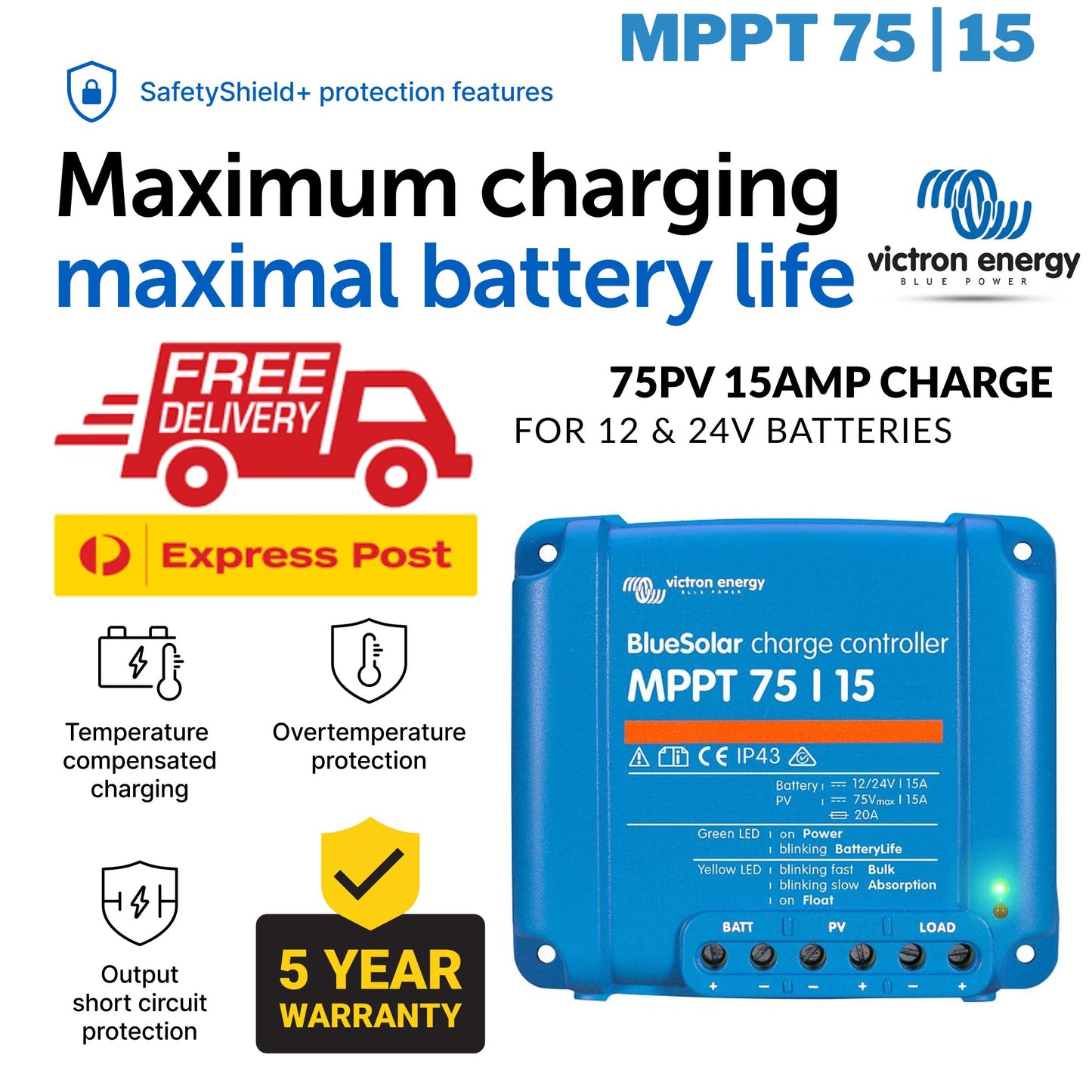 Victron Smart Solar MPPT 75/15 (12/24V) Solar Charge Controller - SCC075015060R