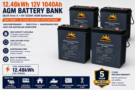 12.48kWh 12V 1040Ah AGM Battery Bank (Built from 4 × 6V 520Ah AGM Batteries)