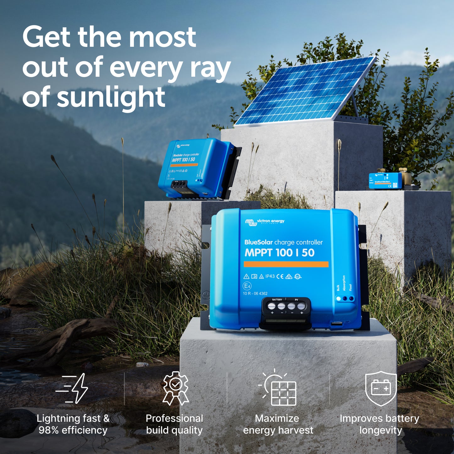 Blue solar power system with text 'Get the most out of every ray of sunlight' in a mountainous landscape.