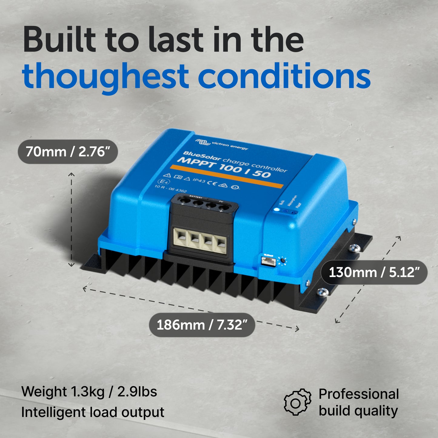 Blue solar charge controller with dimensions and specifications on a gray background
