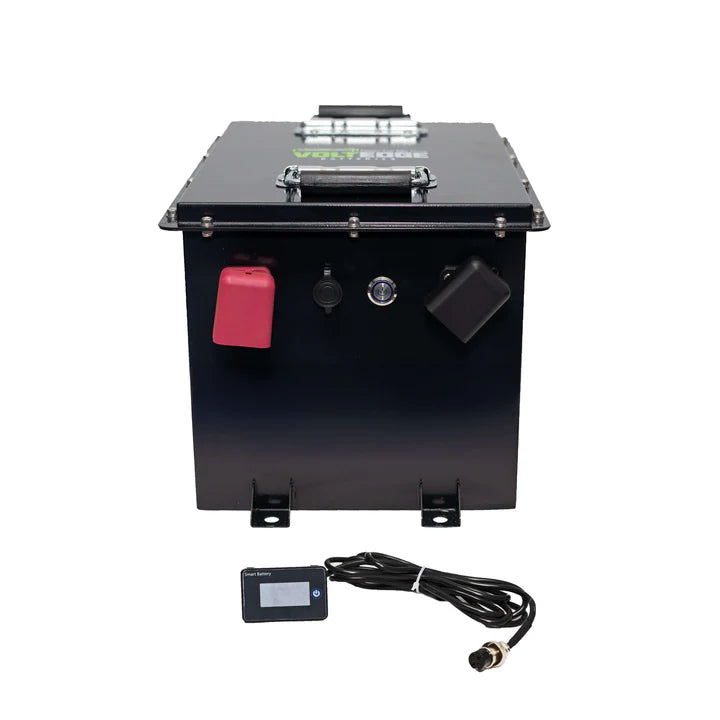 Suncoast Golf Cart Battery Premium 36V 105Ah LiFePO₄ Golf Cart Battery Black battery box with a digital display and cable on a white background