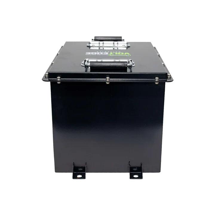 Suncoast Golf Cart Battery Premium 36V 105Ah LiFePO₄ Golf Cart Battery Black metal box with handles on a white background