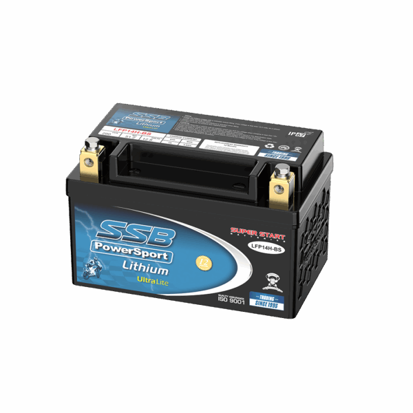 LFP14H-BS SSB Lithium Ultralite Motorcycle Battery SSB PowerSport lithium battery on a gray background