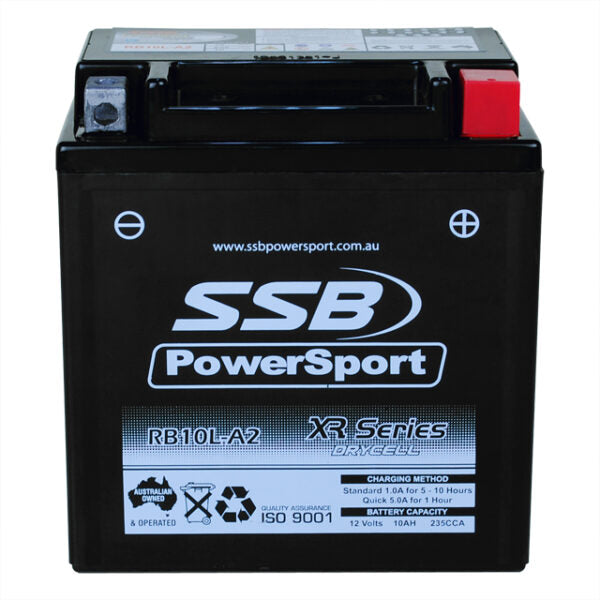 RB10L-A2 SSB XR Series Motorcycle Battery (12N10-3A) SSB PowerSport battery on a white background