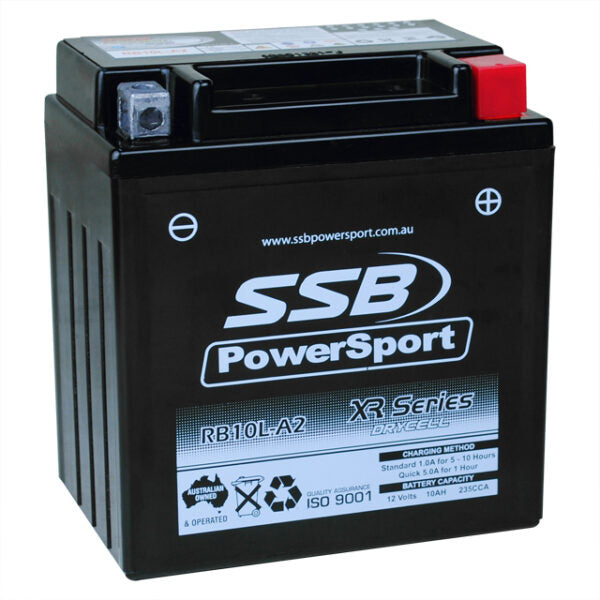RB10L-A2 SSB XR Series Motorcycle Battery (12N10-3A) SSB PowerSport battery on a white background