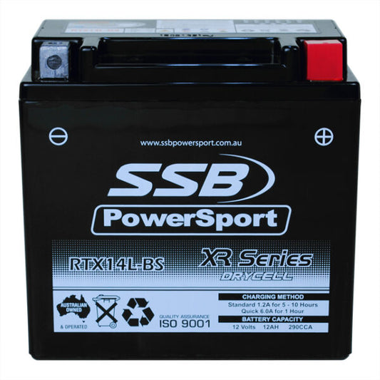 RTX14L-BS SSB PowerSport battery with branding and specifications on a white background