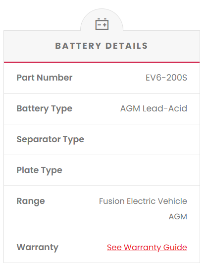 EV6-200S Fusion Electric Vehicle 6V Deep Cycle Battery